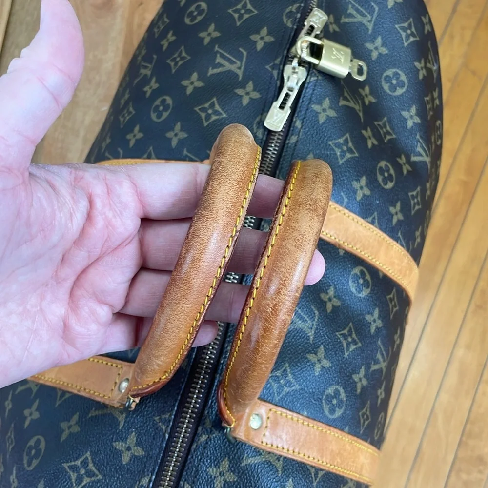 Louis Vuitton Brown Monogram Keepall Duffel with Tan Leather Trim